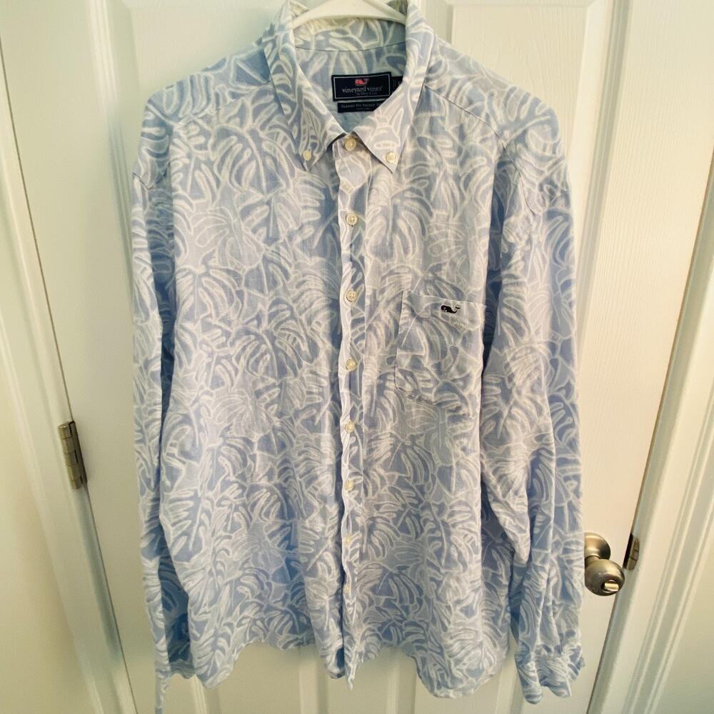 Vineyard Vines Shirt Mens XL Baby Blue Classic Fit Tucker Linen Palm Print